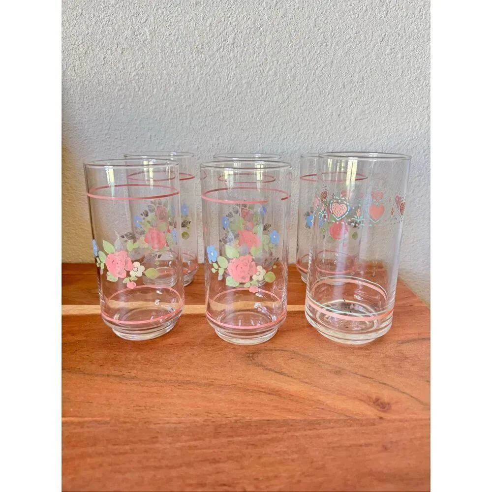 Pfaltzgraff Tea Rose vintage 90s clear glasses floral 6 cups tumbler cottagecore